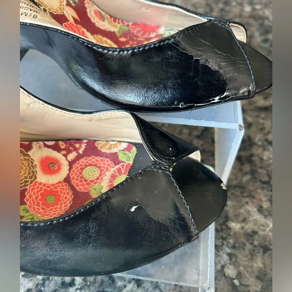 ✨ Black Patent Slingback Wedge Peep-Toe Heels -never worn defect scratches